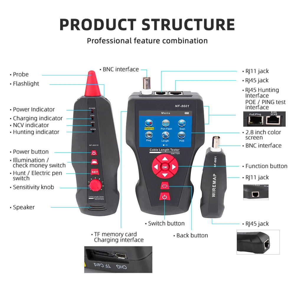 NOYAFA NF-8601W  Network Cable Tester TDR Length Test Multipurpose Line Tracker With 8Pcs Remot Line Network Tracker