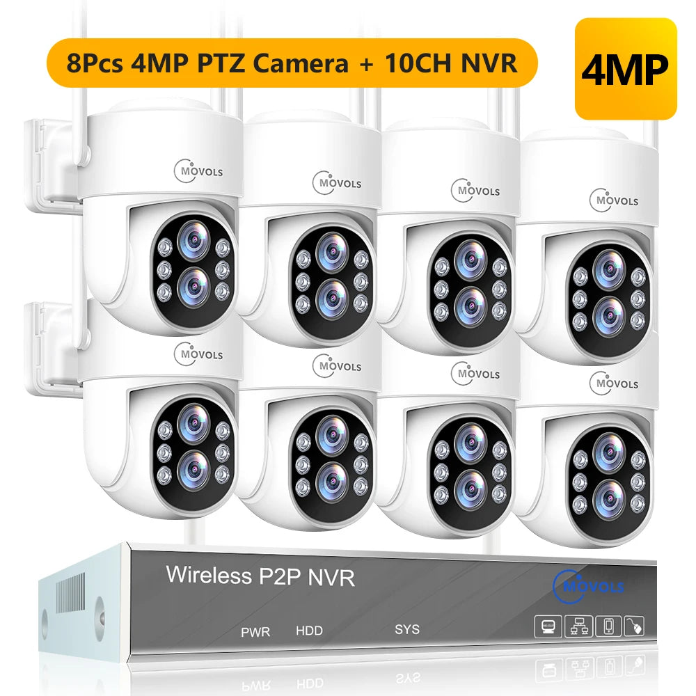 Movols 4MP HD Wireless Surveillance System WIFI PTZ Camera Set CCTV Two Way Audio Waterproof IP Security 10CH P2P NVR Video Kit