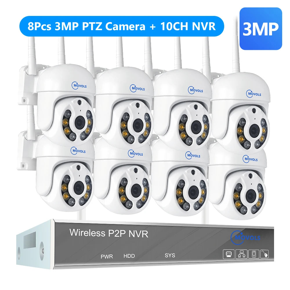 Movols 4MP HD Wireless Surveillance System WIFI PTZ Camera Set CCTV Two Way Audio Waterproof IP Security 10CH P2P NVR Video Kit