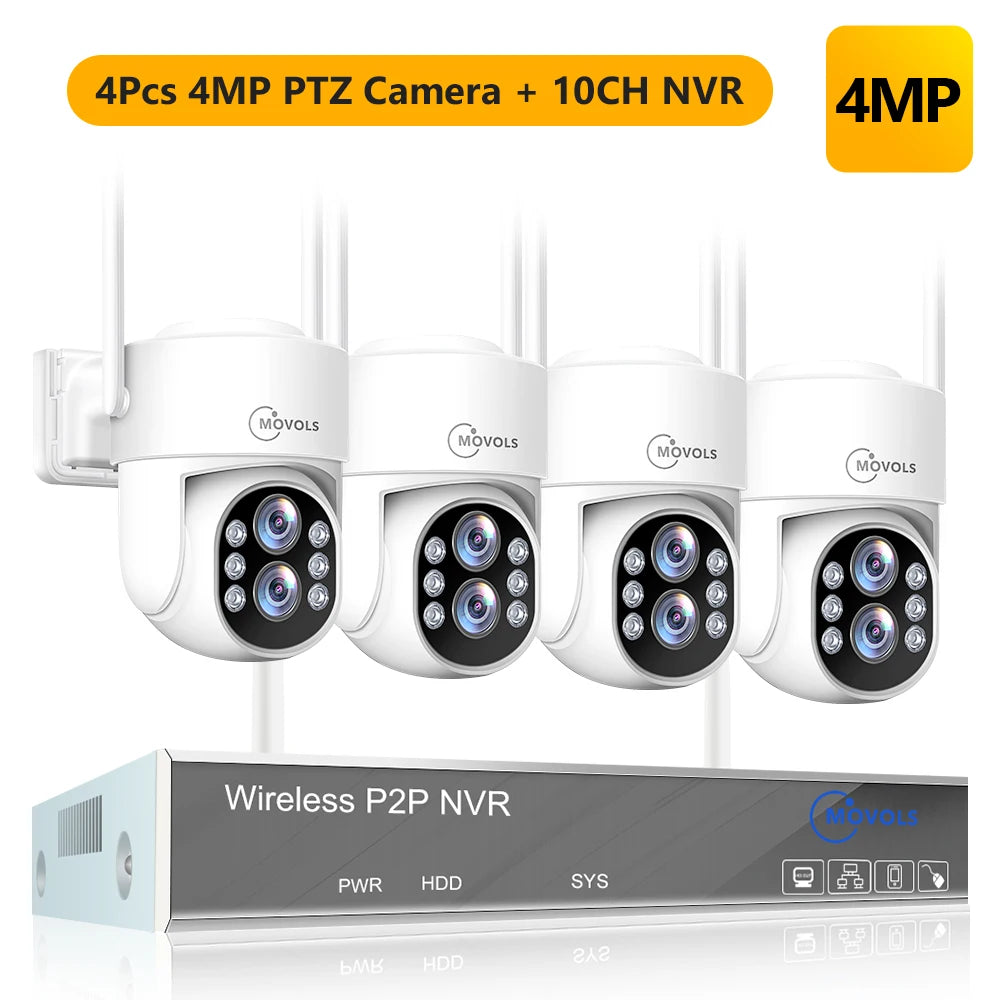 Movols 4MP HD Wireless Surveillance System WIFI PTZ Camera Set CCTV Two Way Audio Waterproof IP Security 10CH P2P NVR Video Kit