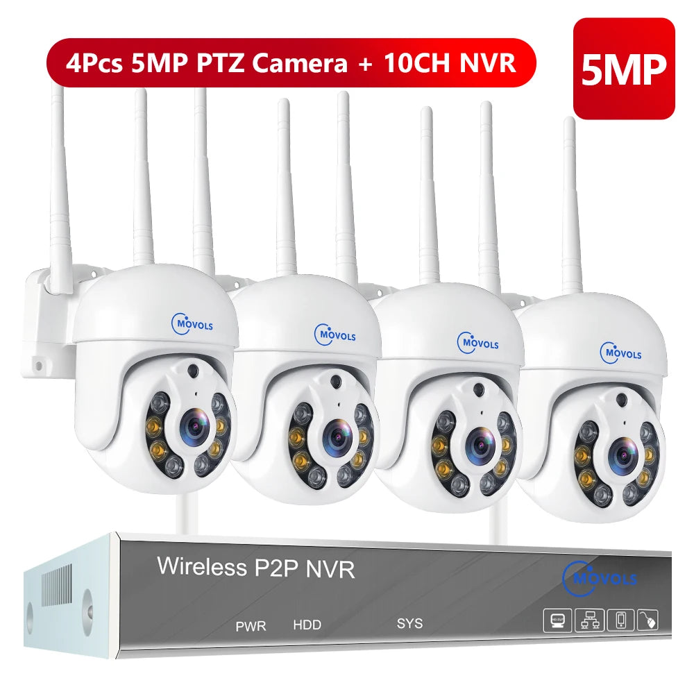 Movols 4MP HD Wireless Surveillance System WIFI PTZ Camera Set CCTV Two Way Audio Waterproof IP Security 10CH P2P NVR Video Kit