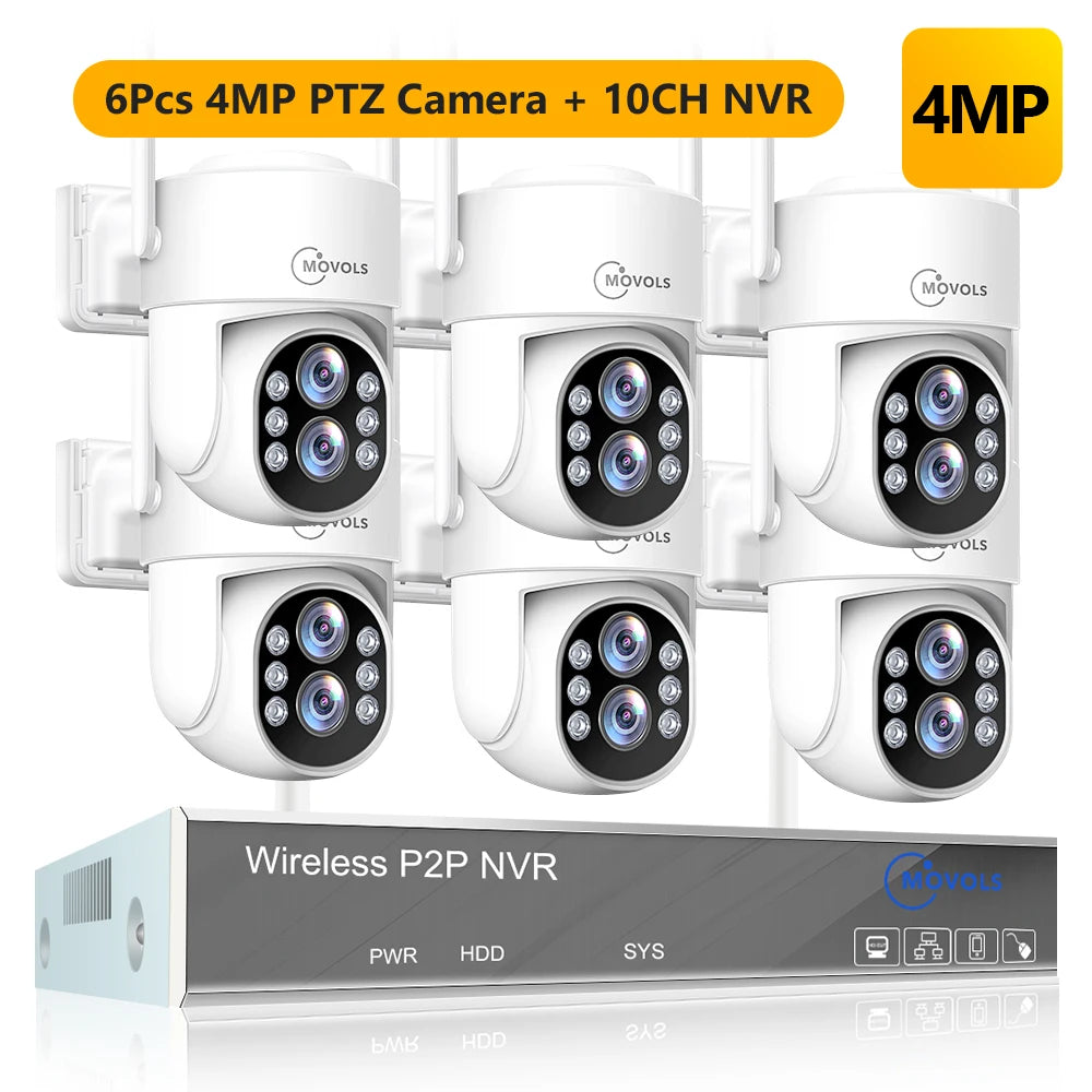 Movols 4MP HD Wireless Surveillance System WIFI PTZ Camera Set CCTV Two Way Audio Waterproof IP Security 10CH P2P NVR Video Kit