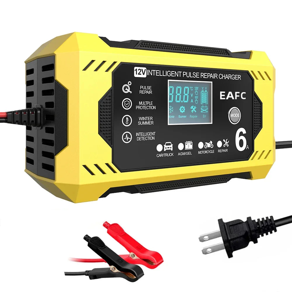 Car Battery Charger 12V 6A Intelligent Fast Charging Pulse Repair Type Full Auto-Stop Dual-Mode Lead Acid for Motorcycle Truck
