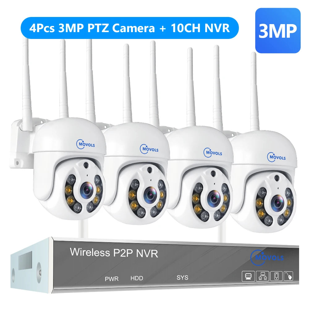 Movols 4MP HD Wireless Surveillance System WIFI PTZ Camera Set CCTV Two Way Audio Waterproof IP Security 10CH P2P NVR Video Kit