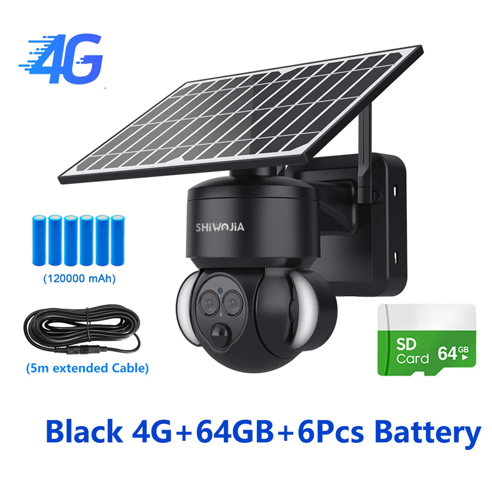 SHIWOJIA WIFI Solar Camera 4G SIM Outdoor 6MP 12X ZOOM Solar Panel Surveillance Cameras PIR PTZ Security Protction with 12000mAh